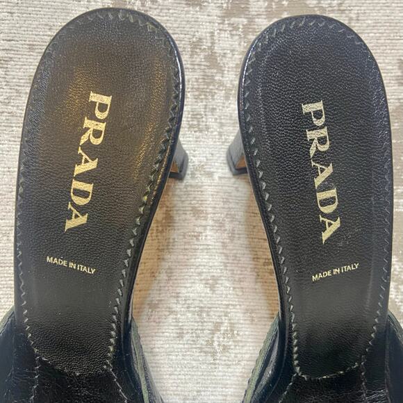 Prada Buckle Front Open Toe Leather Mules in Black - Picture 7 of 9